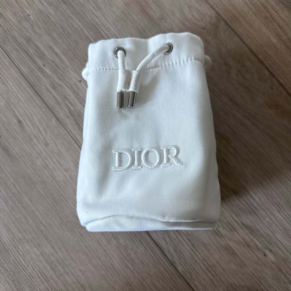 Dior cosmetics pouch Cream Embroidered Drawstring Pouch with Silver Tips